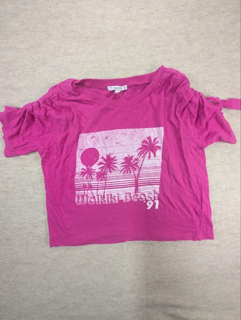 Pull&Bear Hot Fuchsia Pink Waikiki Graphic Short Tie Sleeve Tee Boxy Large